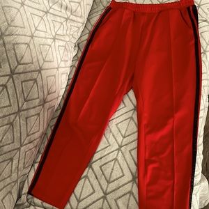 Garage size large red with black stripes down the side.